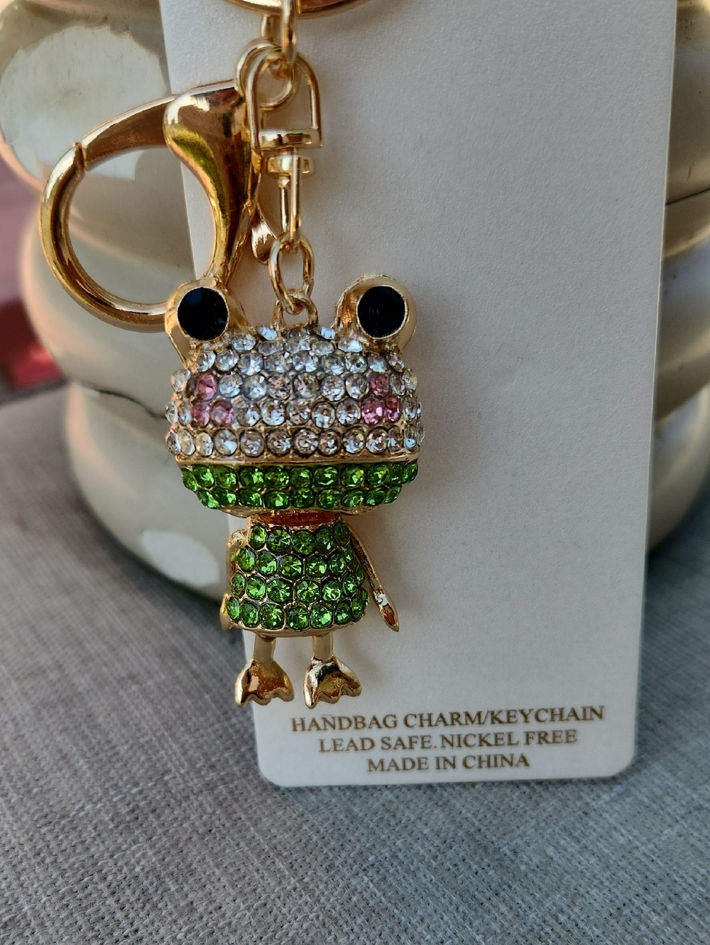 Natasha Gold Frog Keychain/Bag Charm w Green, White, Pink & Black Crystals NWT